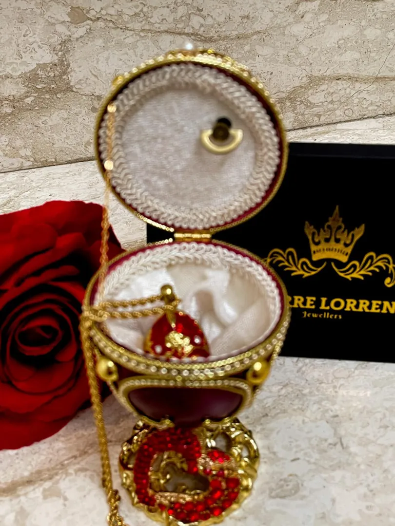 Ruby Heart Fabergé Egg Style Natural Goose Egg Music Box 24K Gold, 198 Rubies, Vintage Collectible HANDMADE by Pierre Lorren.