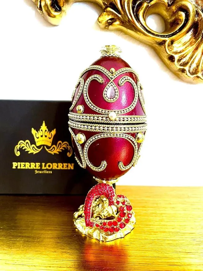 Ruby Heart Fabergé Egg Style Natural Goose Egg Music Box 24K Gold, 198 Rubies, Vintage Collectible HANDMADE by Pierre Lorren.