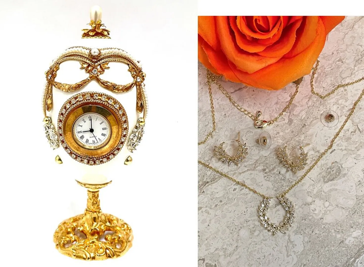 40 Year Faberge Egg Style Antique Faberge Music Box and Gold Jewelry Set for Women, Handcarved Natural Egg, 24k Gold, Swarovski Handset Trinket.