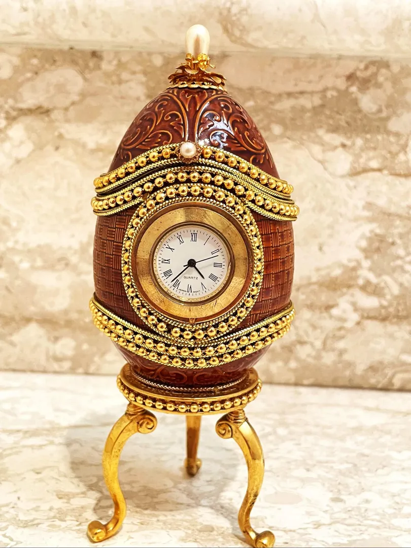 1992 Faberge Egg Style Natural Egg - Fabergé Egg Clock - One-of-a-Kind Vintage Faberge Trinket Box - 24K Gold - Father’s Day Gift