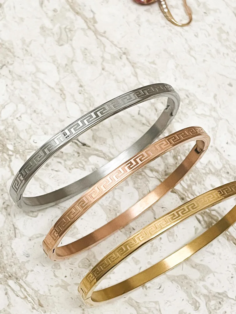 Meander Greek Key Bracelet Set x3: 18k Gold Vermeil, Infinity Bangle, Meandros Jewelry Handmade by Pierre Lorren.