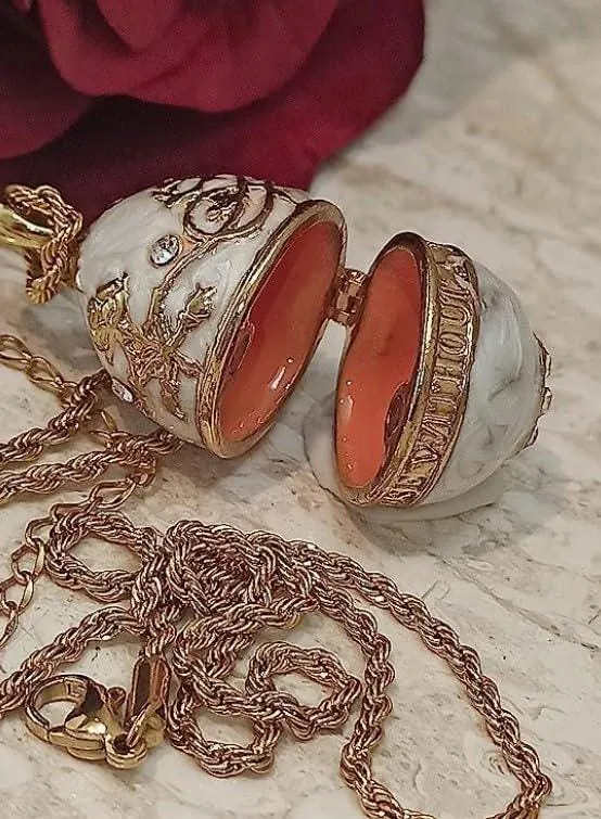 Vintage Cameo Collectible Tea Pot, Natural Faberge Egg Trinket & Faberge Necklace, Handcarved Fabergé Egg, Musical Egg for Wife, 35th Anniversary.