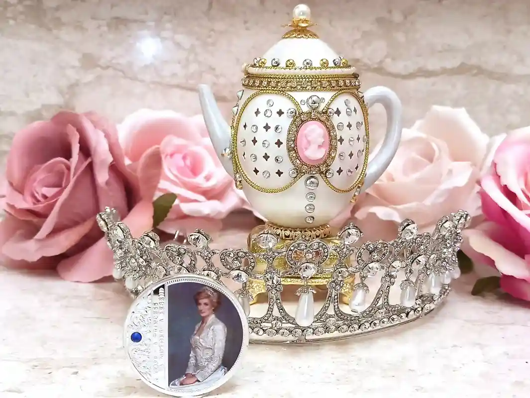 FABERGE-Style Egg Ornaments Queen of Hearts Lady Diana TIARA & Silver Commemorative COIN Royal family Princess of Wales Tea Pot Faberge egg style 