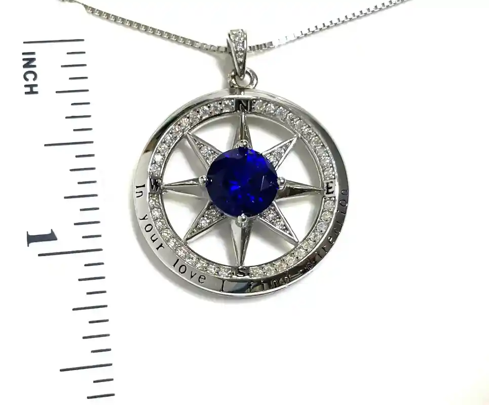 2 ct Natural Sapphire Pendant Diamond Compass Jewelry Sterling White Gold Compass September Birthday 45th Anniversary Gift for her 3.5ctw 