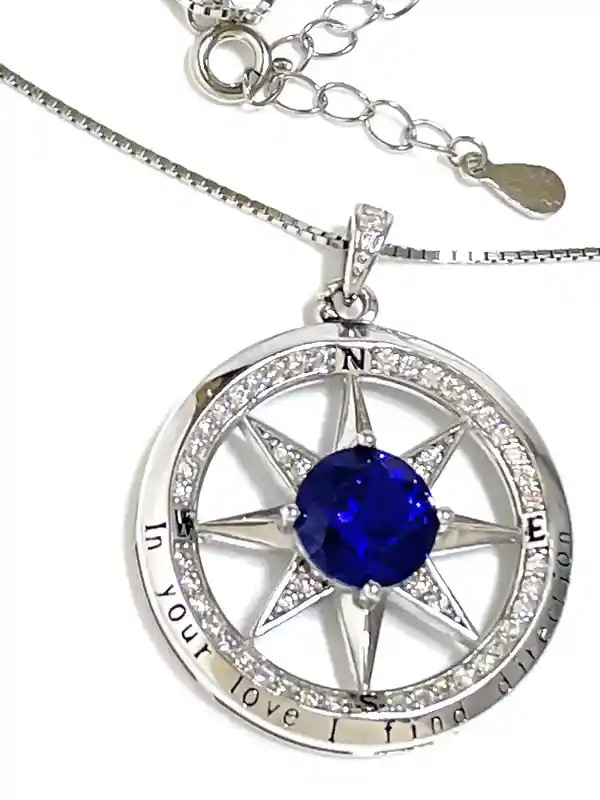 2 ct Natural Sapphire Pendant Diamond Compass Jewelry Sterling White Gold Compass September Birthday 45th Anniversary Gift for her 3.5ctw 