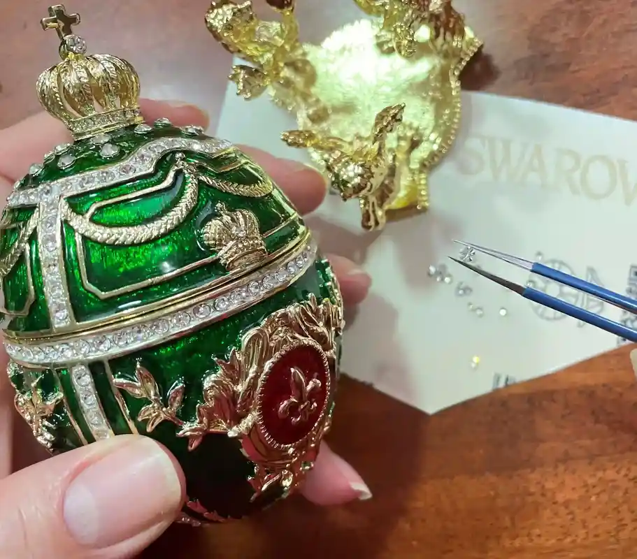 Emerald Faberge egg Ornament Faberge style Easter egg Home decor gift for her 24k GOLD 300 SWAROVSK HANDSET Bday Faberge Unique Jewelry box 