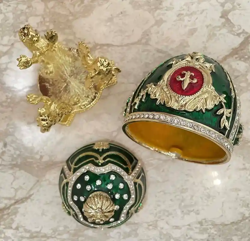 Emerald Faberge egg Ornament Faberge style Easter egg Home decor gift for her 24k GOLD 300 SWAROVSK HANDSET Bday Faberge Unique Jewelry box 