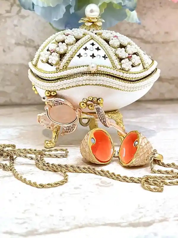 Limited Edition - Faberge-Style egg Music box + Pink Faberge-Style egg Pendant Necklace + Bracelet - 24k Gold - Birthday gifts - Faberge-Style egg -