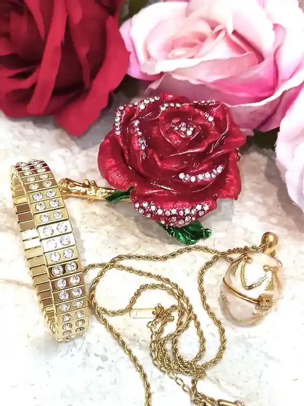 7ct - Luxury Valentines day - Faberge-Style egg - Red Rose Valentine Ring box + Faberge Necklace + Bracelet -Handmade Valentines day gift-24K GOLD 