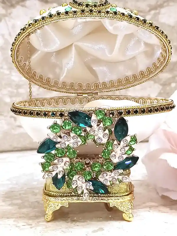 UNIQUE Faberge Egg Style 24k EMERALD Olive Wreath Engagement Ornament Proposal Ring box Gift for her Faberge egg Engagement Gift Fiance Wife 