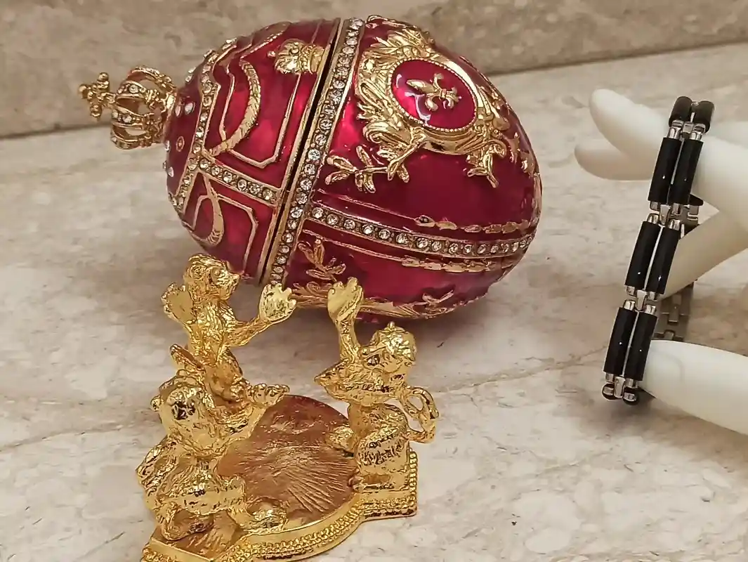 Easter day presents for Son Men Easter gift Daddy Brother Lion Ornament FABERGE egg Trinket 24k GOLD 4CT Swarovski DIAMOND & Silver Bracelet 