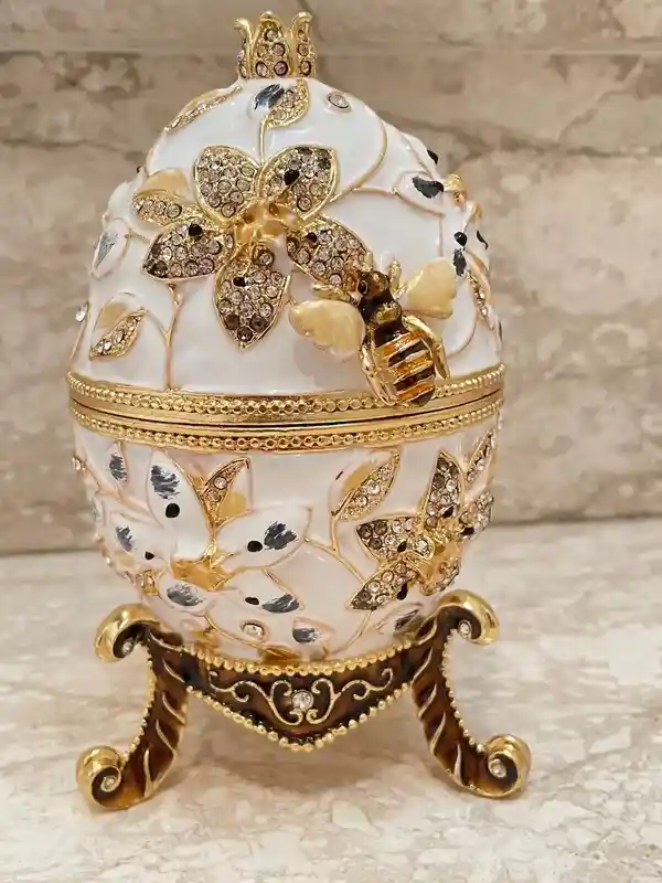 Faberge Egg White Pomegranate Jewelry Box Housewarming Gift Home Decor Faberge Egg Birthday Mom Gift Box for Christmas Swarovski HANDSET 24k 