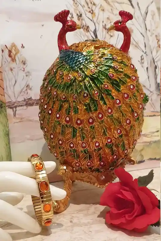 Large Easter Egg Ornament Trinket Gift for Couple Faberge Love Peacock 24k GOLD HANDSET 160 Swarovski Diamond & Ruby Bracelet DESIGNER Egg 