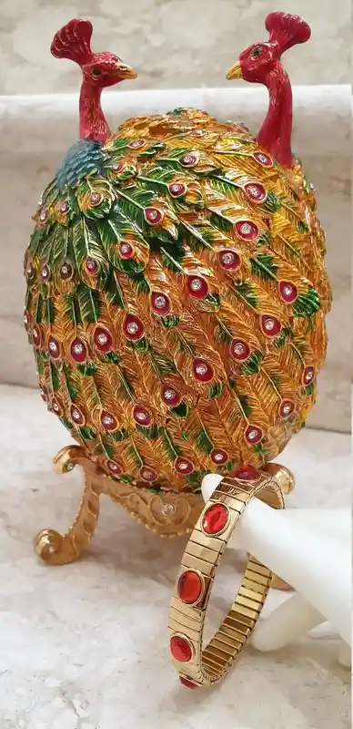 Large Easter Egg Ornament Trinket Gift for Couple Faberge Love Peacock 24k GOLD HANDSET 160 Swarovski Diamond & Ruby Bracelet DESIGNER Egg 