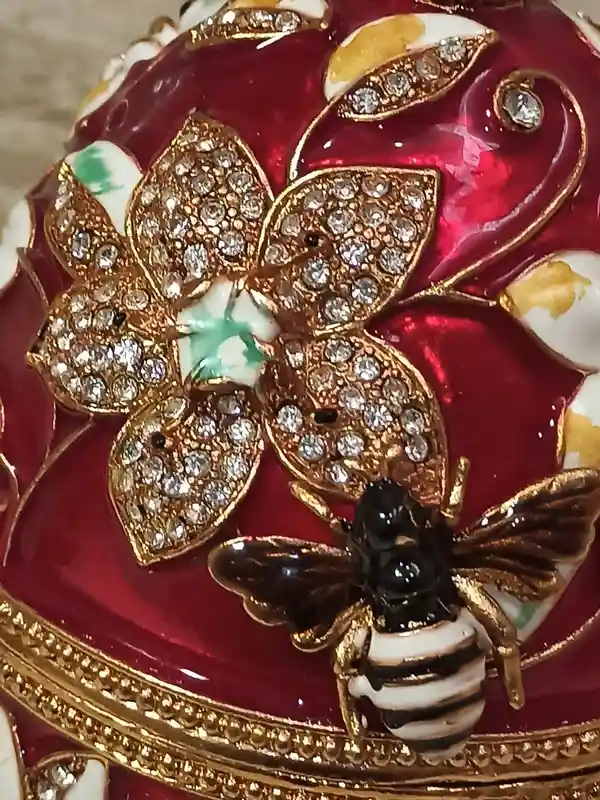 Red Large Easter Ornament Faberge Egg style LOVE Luck & Braclet Ruby Her Pomegranate HANDMADE Jewelry Box 24k GOLD 450 Swarovsk Diamond 10ct 