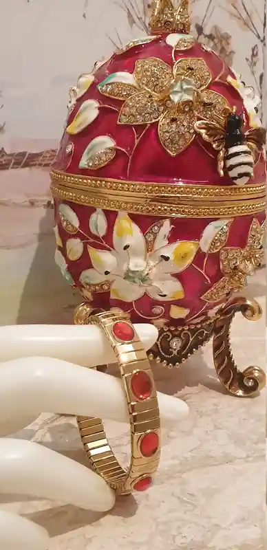 Red Large Easter Ornament Faberge Egg style LOVE Luck & Braclet Ruby Her Pomegranate HANDMADE Jewelry Box 24k GOLD 450 Swarovsk Diamond 10ct 