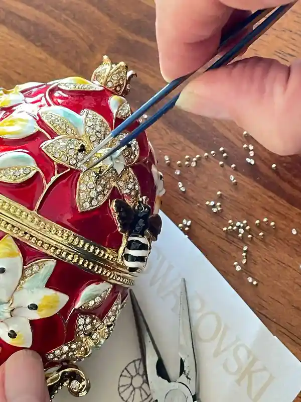 Red Faberge Egg style, Pomegranate Trinket, GOOD LUCK Gift, House Warming gift, Pomagranet Collectors Egg 400Crystal Handset - Handmade Box 