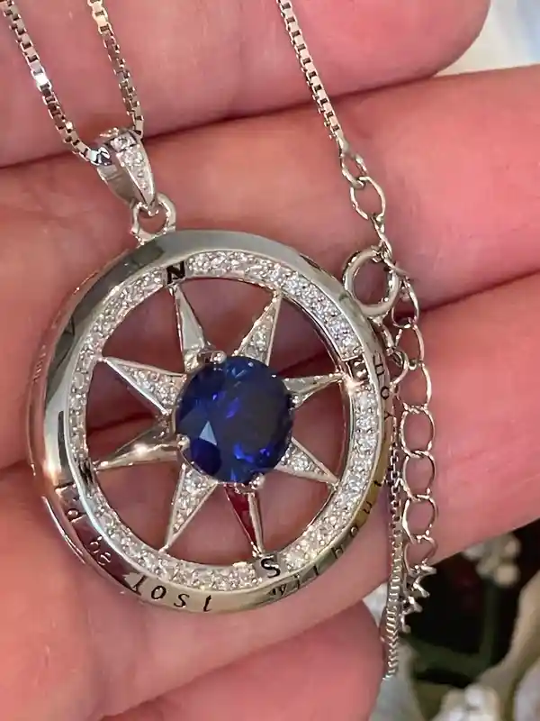 3.5 carat Natural SAPPHIRE Compass Necklace Sapphire Pendant DIAMOND Jewelry Compass Pendant White Gold Silver 925 Anniversary Handmade 
