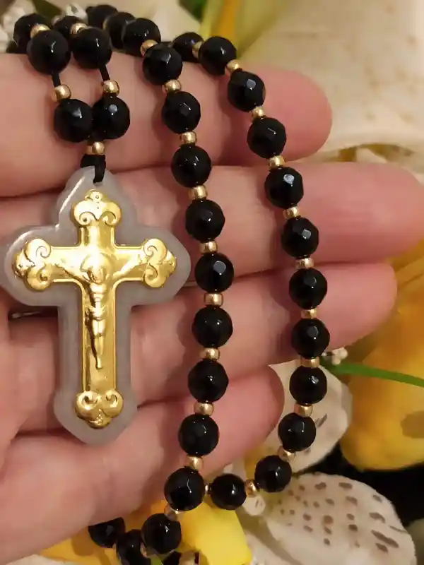 Crucifix Rosary Gemstone Prayer Necklace ONE Of A Kind Cross SOLID 18K Gold 56 NATURAL Onyx Gem 6mm Christian Mother Mom Religious Jewelry 