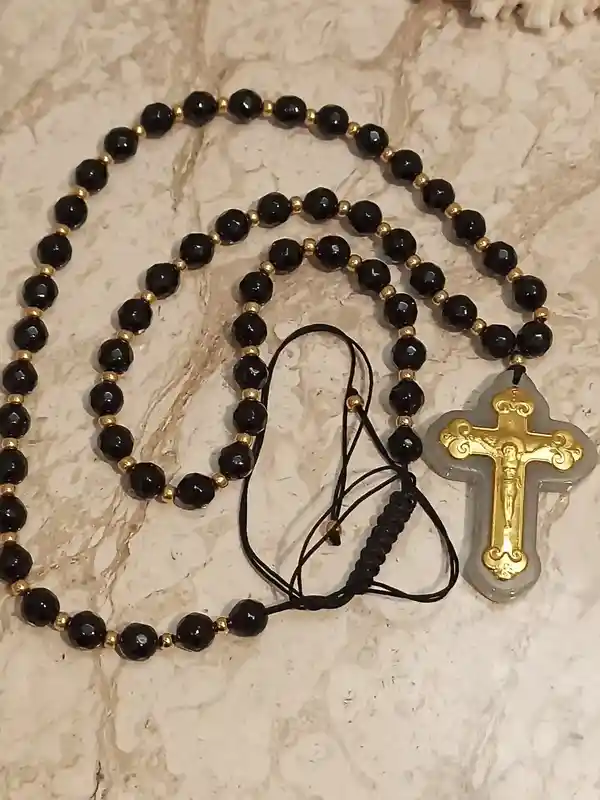 Crucifix Rosary Gemstone Prayer Necklace ONE Of A Kind Cross SOLID 18K Gold 56 NATURAL Onyx Gem 6mm Christian Mother Mom Religious Jewelry 