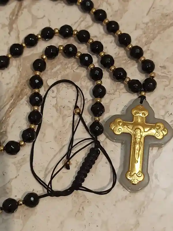 Crucifix Rosary Gemstone Prayer Necklace ONE Of A Kind Cross SOLID 18K Gold 56 NATURAL Onyx Gem 6mm Christian Mother Mom Religious Jewelry 