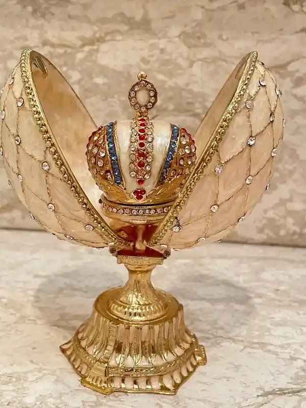 Faberge-Style Egg Decorative Boxes 333 Austrian Crystal Handset Jewelry Box Faberge Egg Imperial Crown Hideaway Trinket PLUS Faberge Necklace 24k 