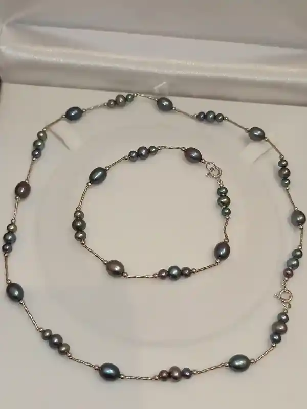 Natural TAHITIAN Pearl Necklace Bracelet SOLID SILVER Necklace Pearl for women Real Pearl Jewelry Tahitian Set Wife Gift Mother of the Bride 