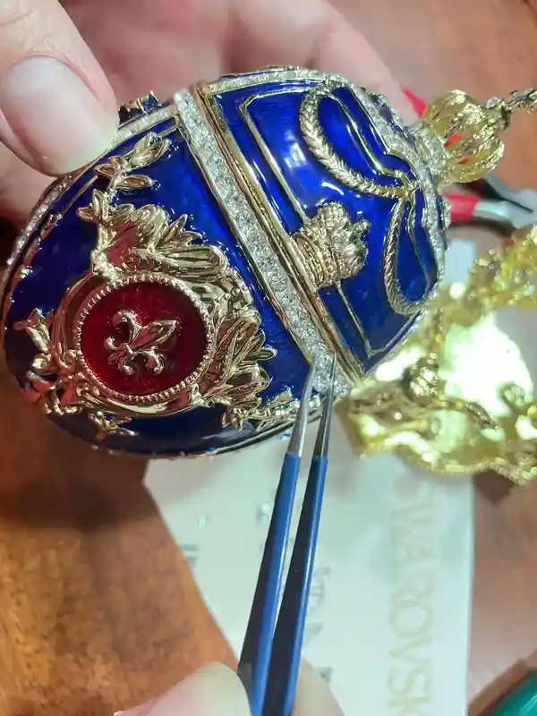 DESIGNER Blue Faberge egg Ornament, Faberge Egg Trinket Box, 24k GOLD Swarovski Diamond HANDSET, Faberge egg Style Graduation gift for Son 