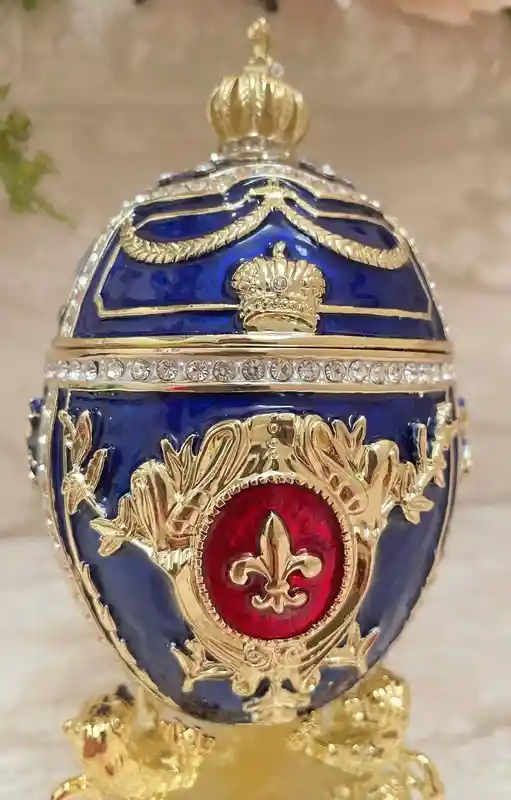 DESIGNER Blue Faberge egg Ornament, Faberge Egg Trinket Box, 24k GOLD Swarovski Diamond HANDSET, Faberge egg Style Graduation gift for Son 