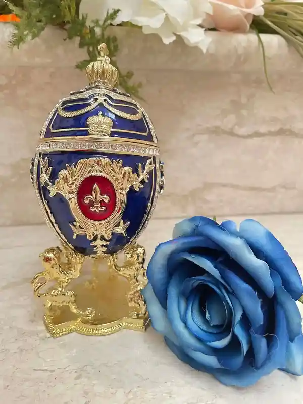 DESIGNER Blue Faberge egg Ornament, Faberge Egg Trinket Box, 24k GOLD Swarovski Diamond HANDSET, Faberge egg Style Graduation gift for Son 
