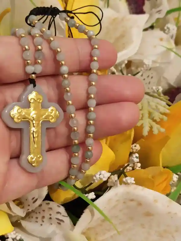 Necklace Christian Rosary Prayer SOLID 18k GOLD Cross Necklace Crucifix Christ Gift Gold Christian Jewelry Her 70 Natural Jade GEMSTONE 4mm 