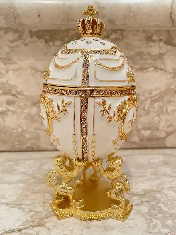 Luxury Handmade White Faberge Egg Crystal Jewelry box & Faberge Pendant Engagement gift for her Imperial Fabrerge style Egg SET 24k HANDSET 