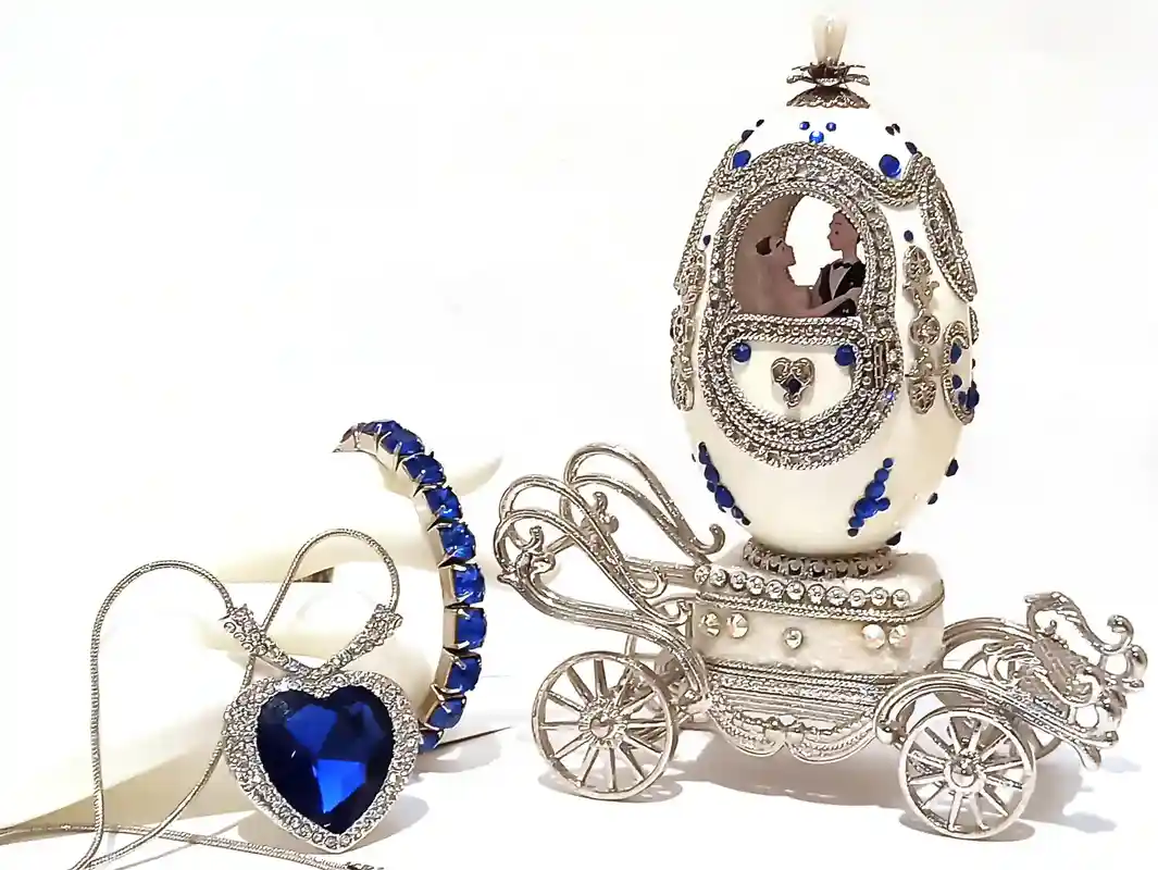 Designer Gifts, ONEOFAKIND, Faberge-Style egg, Large SILVER Heart Ocean Necklace & Tennis Bracelet Faberge egg Music SAPPHIRE Wedding Anniversary 