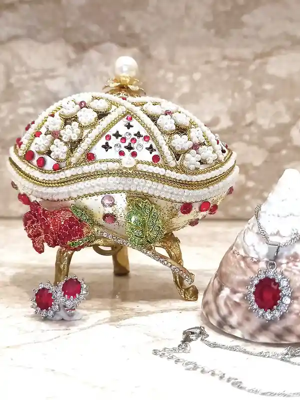 Faberge-Style egg Christmas RUBY SET 24k Gold Faberge HANDCARVED Real Egg Musical Jewelry Box Vintage Gift, Ruby Necklace Earrings Ring Bracelet 