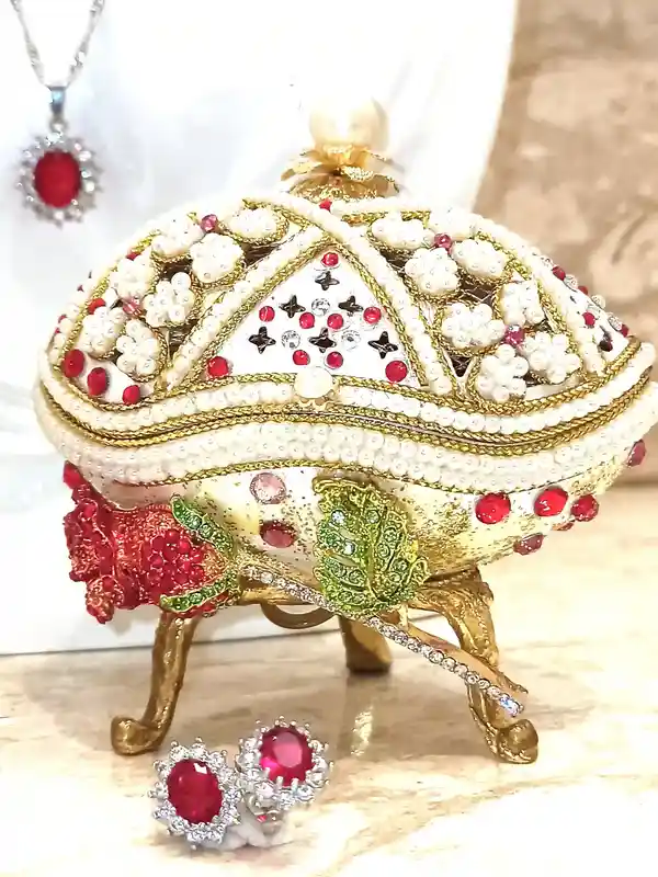 Faberge-Style egg Christmas RUBY SET 24k Gold Faberge HANDCARVED Real Egg Musical Jewelry Box Vintage Gift, Ruby Necklace Earrings Ring Bracelet 