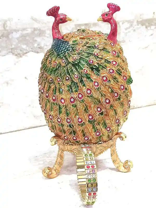 Lovers Faberge-Style Egg 24kt GOLD ANNIVERSARY Peacocks Rainbow Fabrege Egg Style With Bracelet 160 HANDSET Austrian Crystal Faberge Trinket egg 
