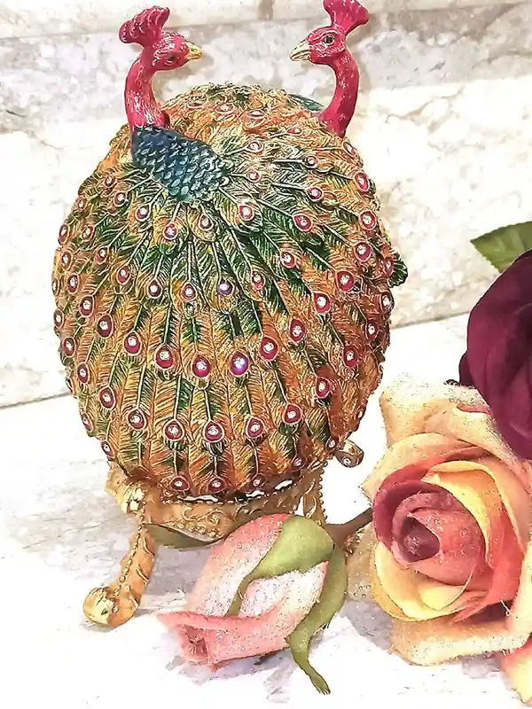 Lovers Faberge-Style Egg 24kt GOLD ANNIVERSARY Peacocks Rainbow Fabrege Egg Style With Bracelet 160 HANDSET Austrian Crystal Faberge Trinket egg 