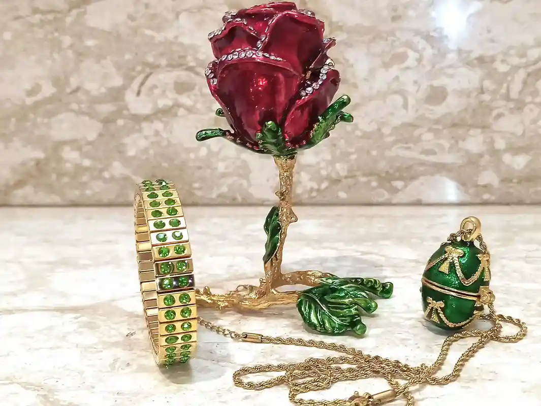 Rose Trinket Box, Faberge-Style egg Necklace, Peridot Bracelet Gold, Faberge Jewelry box, Austrian crystal Diamond HAND SET 24K Christmas Gift mom 