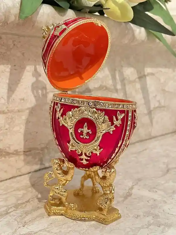 Ruby Red Faberge Egg Mom birthday Gift Faberge Trinket box 24kGold 200 AustrianCrystal HANDSET Faberge Love gifts for wife HANDMADE Ornament 