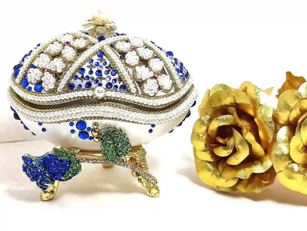 Unique Sapphire Blue Gift Box Faberge egg Home Decor Ornaments Music Gift for her Natural HAND CARVED Fabrege style Egg 24k GOLD Bracelet 