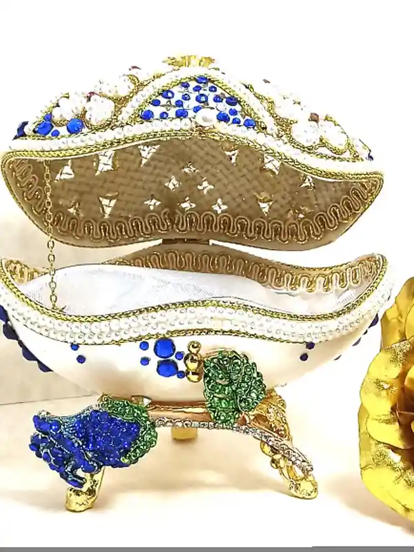 Unique Sapphire Blue Gift Box Faberge egg Home Decor Ornaments Music Gift for her Natural HAND CARVED Fabrege style Egg 24k GOLD Bracelet 