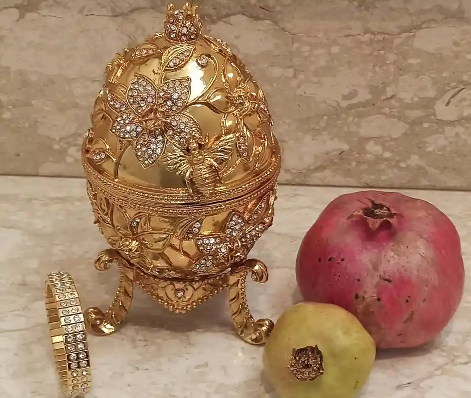 Faberge-Style Jewelry Box Pomegranate Bracelet 24k GOLD 10ct Diamond Jewish New Year GOOD LUCK Jewelry Pomagrant Greek Armenian Her GraduationGift 