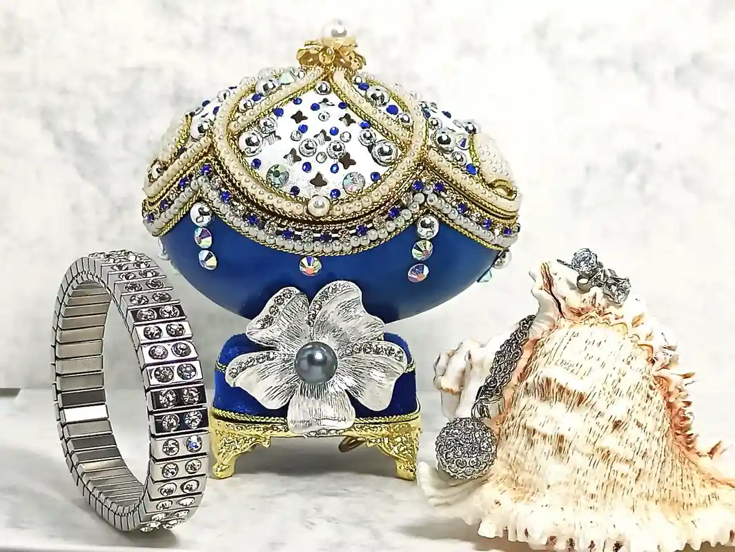 Limited Edition SILVER Faberge-Style Egg Ornament Swarovski Ball Necklace Earring and Bracelet SET Home Decor Fabrege style egg MUSIC Gift for her 