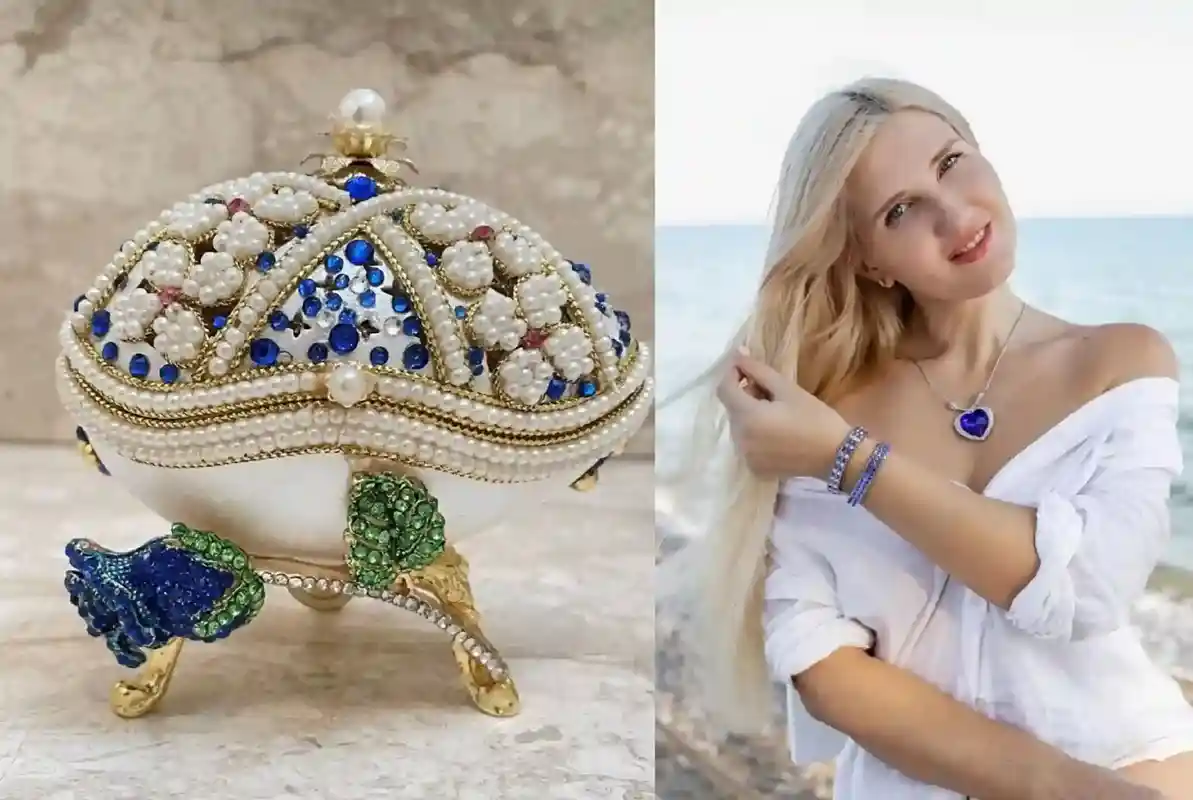 Something Old Blue Vintage 1990 Faberge-Style egg style Music box HANDCARVED NATURAL Egg 24kGOLD Couple Faberge Wedding Ring Box Bridal Shower