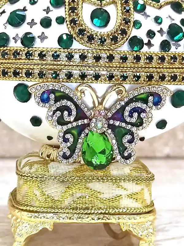 One Of a Kind Faberge-Style Egg Jewelry Box SET Musical Emerald Butterfly Trinket Box Home Decor Fabrege Egg NATURAL Hand Crafted Egg 24kGOLD deco 