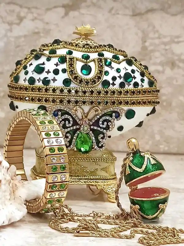 One Of a Kind Faberge-Style Egg Jewelry Box SET Musical Emerald Butterfly Trinket Box Home Decor Fabrege Egg NATURAL Hand Crafted Egg 24kGOLD deco 