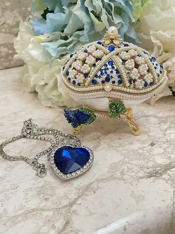 One Only Blue Rose Faberge-Style Egg style Jewelry Box SET HANDCARVED Natural Egg Austrian Crystal Sapphire Faberge Egg MUSIC Box Handmade 1990