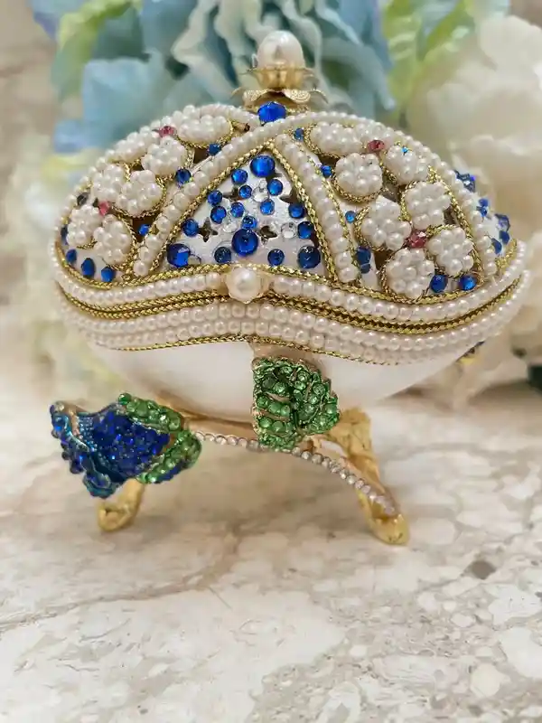 One Only Blue Rose Faberge-Style Egg style Jewelry Box SET HANDCARVED Natural Egg Austrian Crystal Sapphire Faberge Egg MUSIC Box Handmade 1990 
