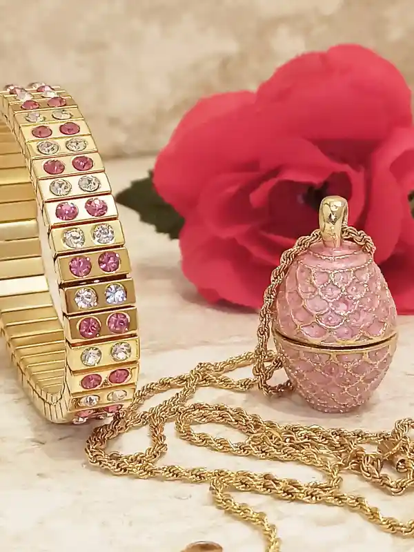 Pink Jewelry for women,Faberge-Style Egg NECKLACE,&,BRACELET,Pink Gold Jewelry,Teen Girl Jewelry,Teenage Girl Gifts,Teen Birthday,24k GOLD,Faberge 