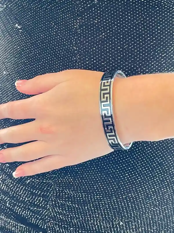 Designer Silver Meander Bracelet/ Black Greek Key Bracelet/Handmade Greek Key Jewelry/ Anniversary gift for wife/ Gift for her/ 10mm Silver 